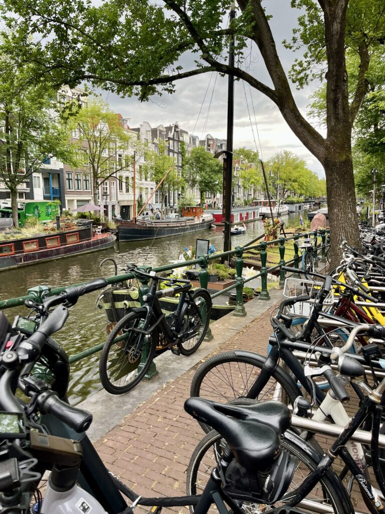 Canal con bicicletas y casas en el barrio Oud-West de Ámsterdam