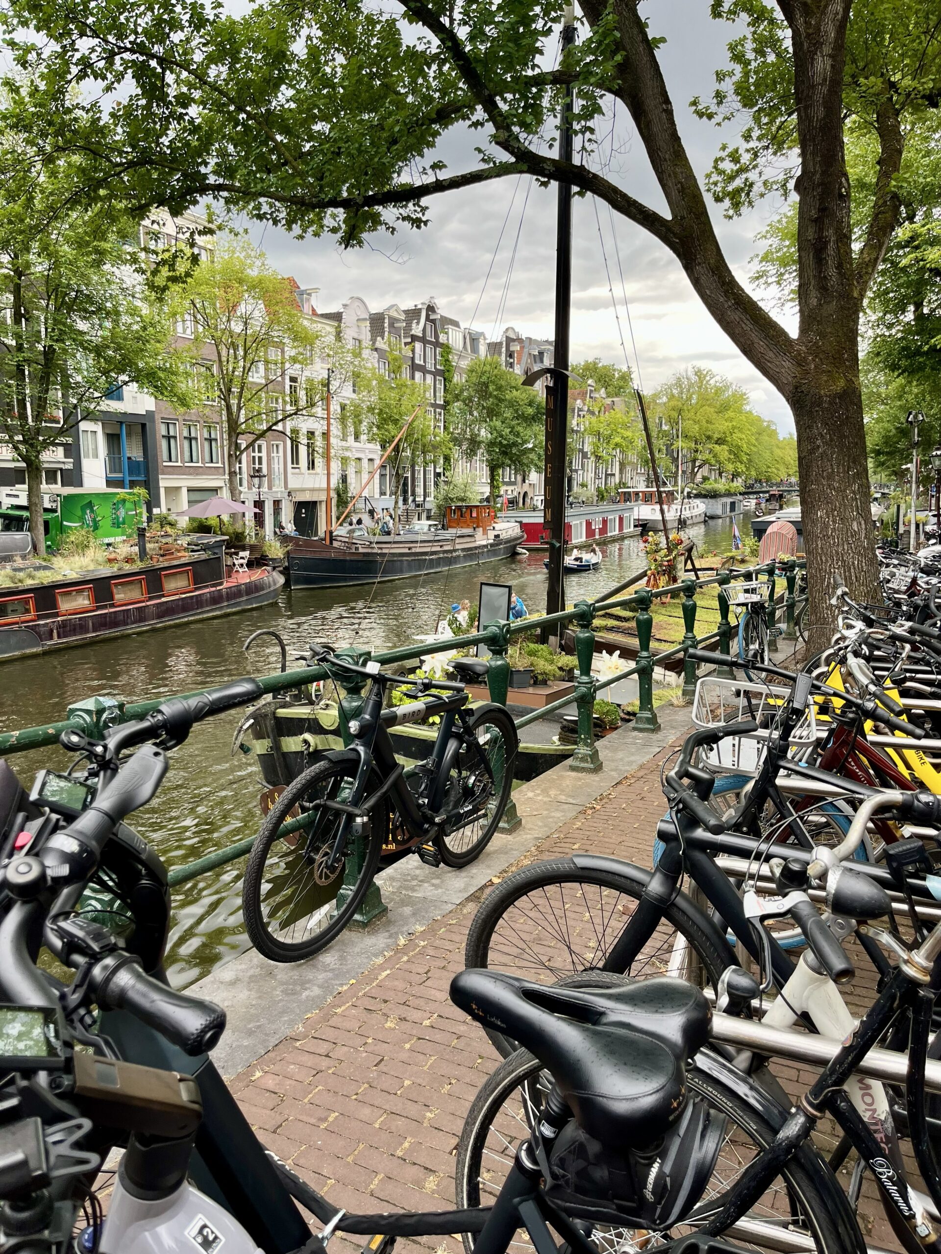 Canal con bicicletas y casas en el barrio Oud-West de Ámsterdam