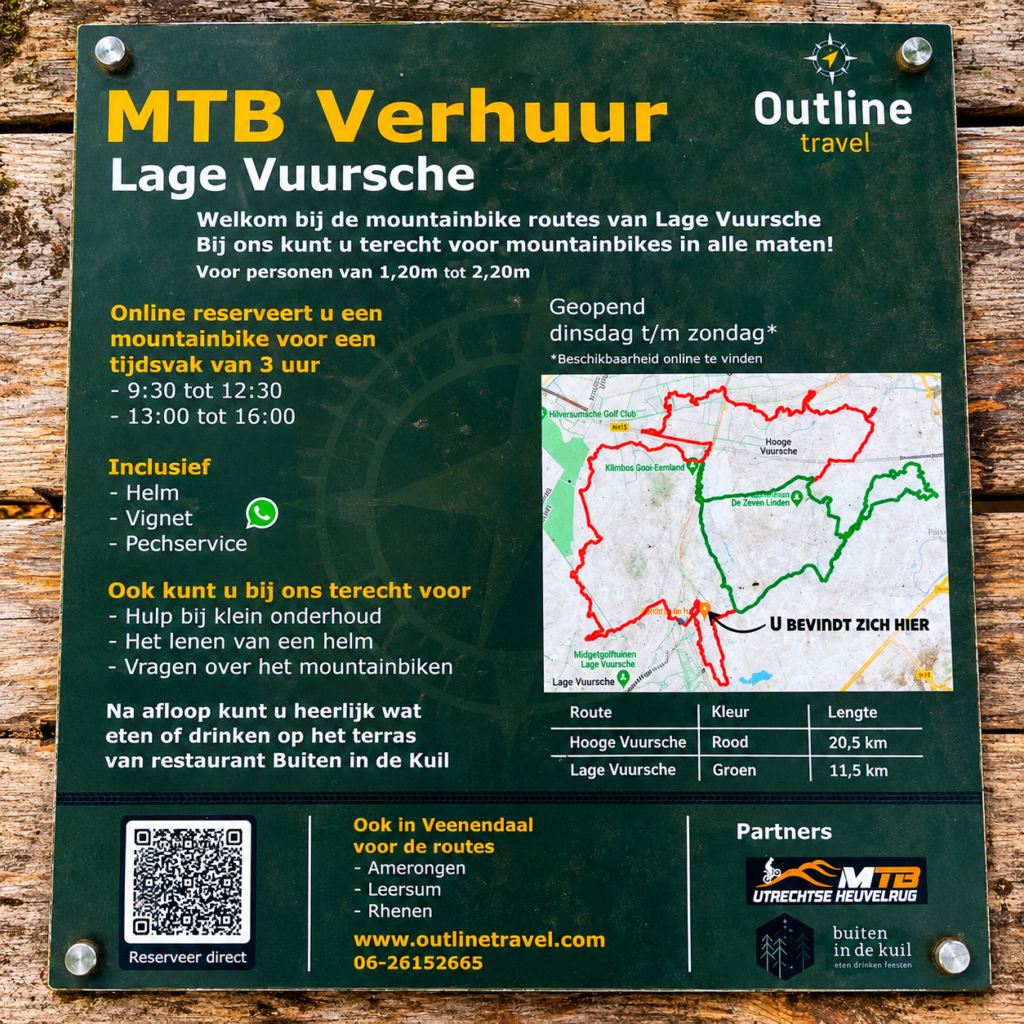 Mapa de las rutas de mountain bike en Lage Vuursche, Holanda, con recorridos señalizados en verde de 11,5 km y rojo de 20,5 km.