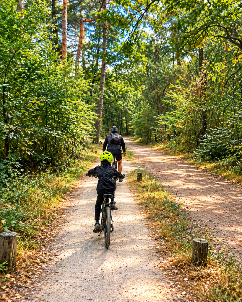 Max y Gabo recorriendo en bicicleta de montaña un sendero rodeado de árboles en Lage Vuursche, Holanda.